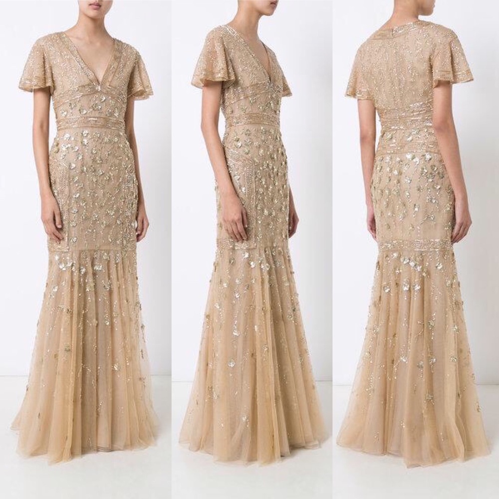 J. Mendel Floral Embroidered Tulle Midi Dress Gold